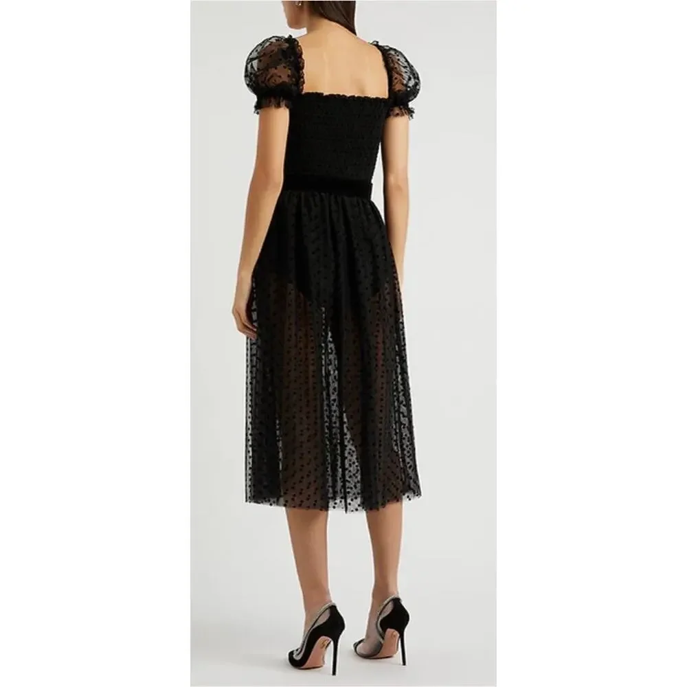 NWT Rebecca Vallance Black Sheer Tulle Belted Bodysuit Midi Tiffani Dress Size 8 - Picture 2 of 16